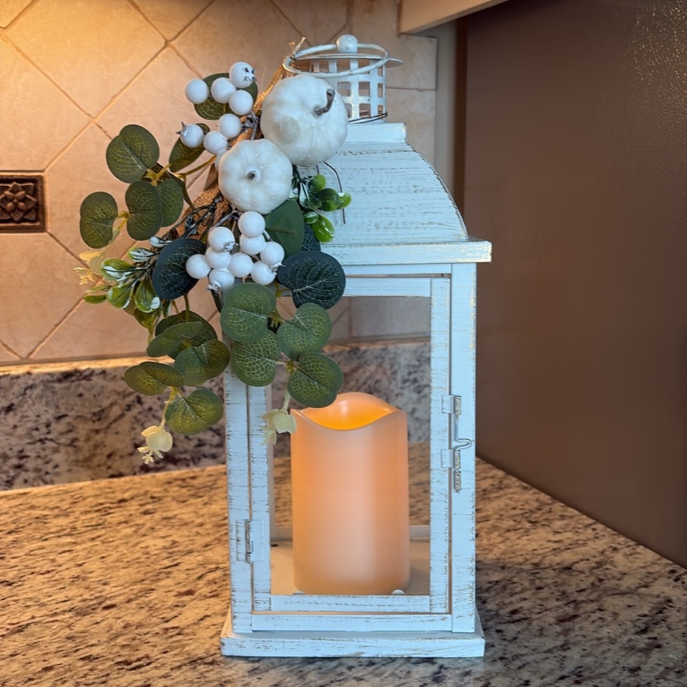 Rustic White Lantern with Greenery and Candle